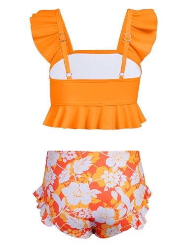 XiaoMoSha Girls 2-Piece Ruffled Bikini Set with Adjustable Straps - Toddler Beach Swimwear 6-7 Years, Orangeflowers