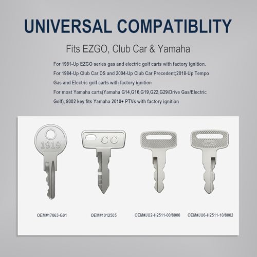 Universal Golf Cart Key Set - 8 Replacement Keys with Key Rings