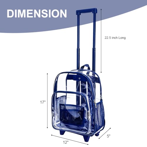 Clearworld Blue Heavy Duty Transparent Rolling Backpack with Wheels for Security & Travel