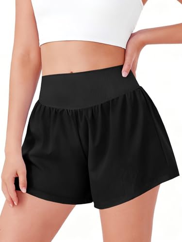 Girls High Waisted 2 in 1 Athletic Shorts with Pockets - Black, 11-12 Years