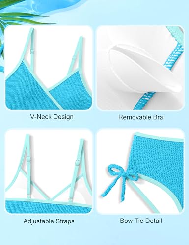 Girls' Color Block V Neck Two Piece Swimsuit with Bow Tie