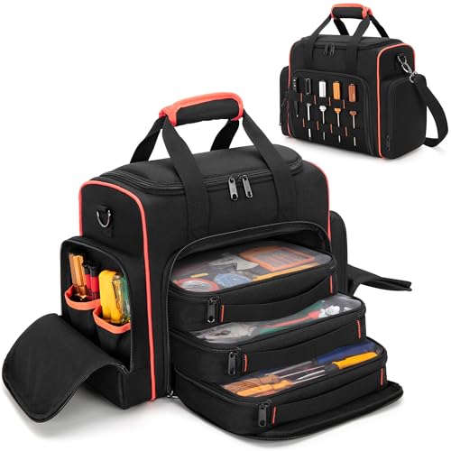 Tool Bag with 3 Removable Cases, 2 Layers Tool Tote for Hand Tools, Black with Red Binding