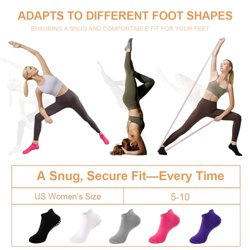 Non-Slip Pilates Socks with Grips for Women - 5 Pairs, Black, White, Gray, Pink, Purple