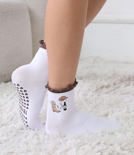 Non-Slip Yoga Ballet Socks with Ruffle Cuff - Brown, One Size