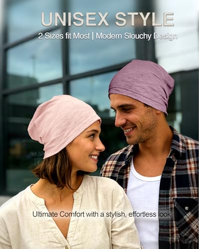ROYBENS Lightweight Cotton Slouchy Beanie for Men Women - 2 Pack Pink & Purple Medium