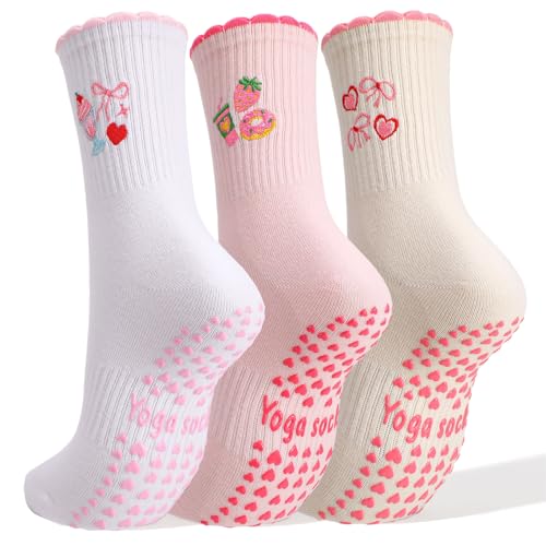 Non-Slip Yoga & Pilates Socks for Women - Embroidered Pink Afternoon Tea, 3 Pair