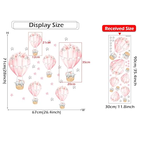 6 Pink Hot Air Balloons Sleeping Baby Elephants Stars Wall Stickers, sacinora Cute Art Wall Decals Removable Vinyl Peel and Stick for Kids Baby Girl Nursery Bedroom Toddler Room Decorations