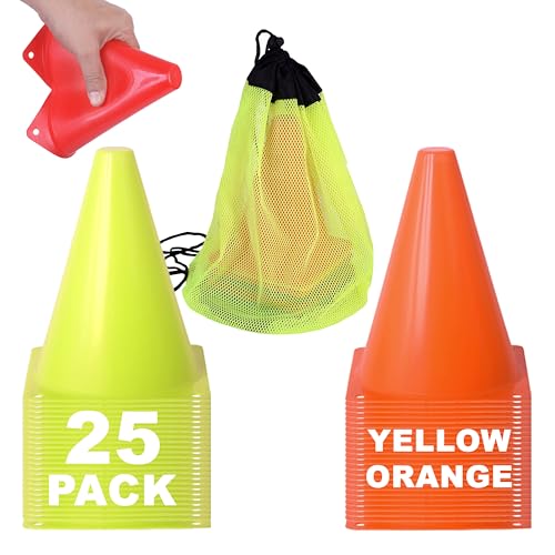 25 Pack Sports Training Cones - 7 Inch High Visibility Orange & Neon Yellow