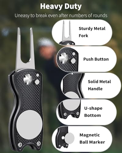 Foldable Golf Divot Repair Tool with Magnetic Ball Marker - Black