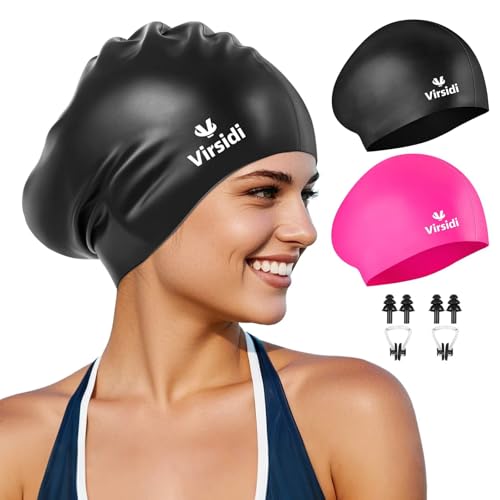 Silicone Swim Cap for Women Men Adults Black & Rose - Waterproof Hair Protection with Earplugs & Nose Clip