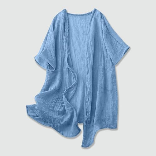 Lightweight Cotton Linen Cardigan for Women - Blue, XX-Large