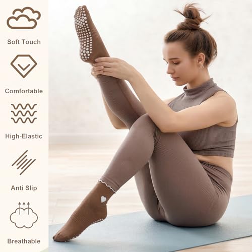 Frilly Pilates Socks with Grips - 6 Pairs, One Size, White/Brown/Coffee