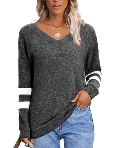 V-Neck Long Sleeve Sweatshirt - Women's Fall Fashion - L-Gray, X-Large