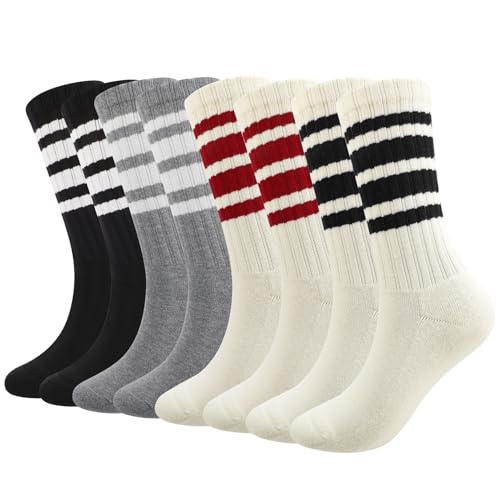 Retro Striped Cotton Crew Socks - 3 Pairs, Black, White, Gray