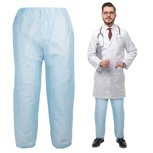 EZGOODZ Blue Disposable Scrub Pants, Large Size. Pack of 10 SMS Disposable Pants Medical with Waist Ties. Breathable Scrubs for Women and Men