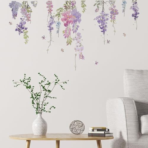 Purple Flower Wall Stickers Removable Peel and Stick Window Clings Purple Hanging Vine Floral Wall Decals for Girls Room, Living Room, Bedroom, Nursery Decor
