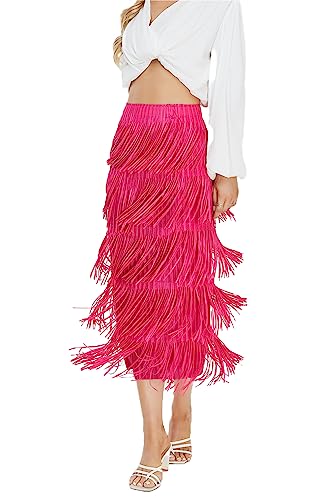 Women's High Waist Fringe Trim Short Skirt XX-Large Rose Red for Summer Party & Work