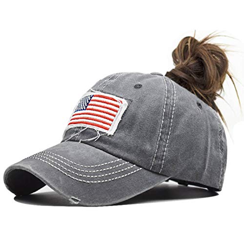 Distressed Ponytail Hat for Women - American Flag Cap - Grey