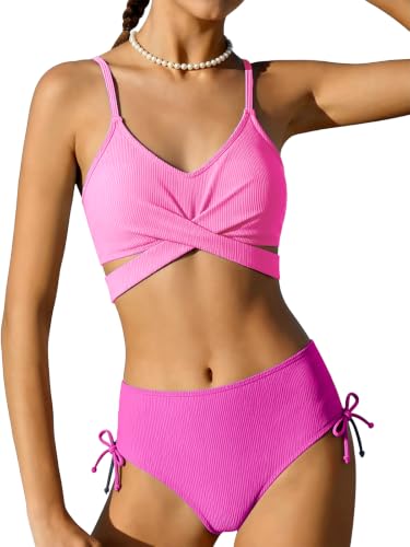 Girls 2 Piece Hawaiian Criss Cross Bikini Swimsuit - Pink 11-12 Years