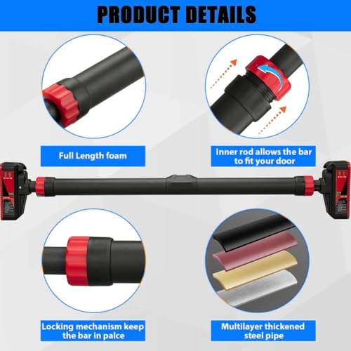 Adjustable Pull Up Bar for Doorway - 440 LBS Max Load, Red & Black