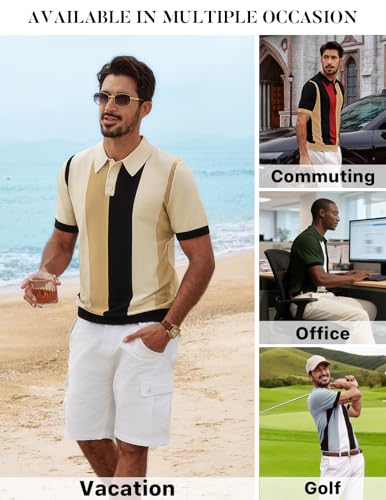 Mens Knit Polo Shirt Large Apricot Vintage Striped Short Sleeve Casual Top