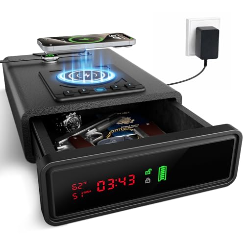 Biometric Gun Safe with Wireless Charging & Alarm Clock - Black