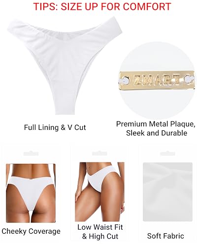 Zmart Women's V-Cut Mid-Rise Cheeky Bikini Bottom, White, Medium