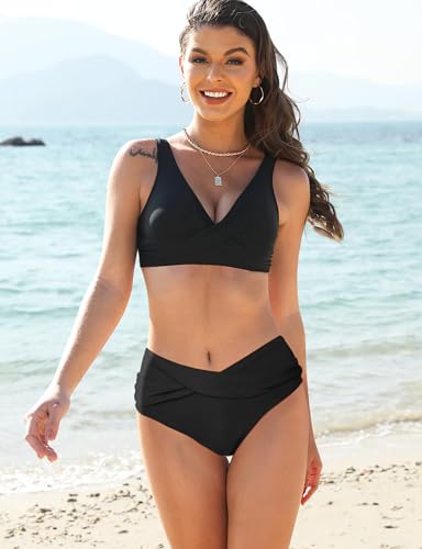 V-Waist Crossover Bikini Bottoms for Women - Mid Rise - Black, Large