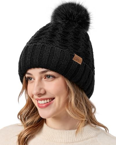 Womens Winter Beanie Hat - Soft Warm Knit Cap with Faux Fur Pom Poms - Black
