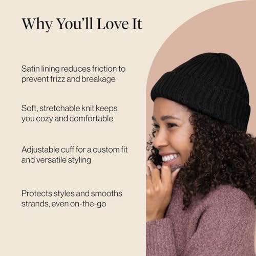 Kitsch Glazey Satin Lined Beanie Black – Cozy Winter Hat for All Hair Types