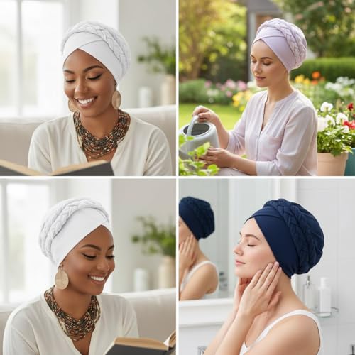African Women Turban Cap - Pre-Tied Double Braid Headwrap - White