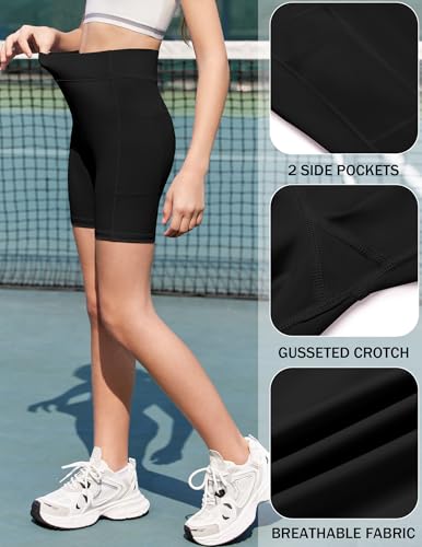 High Waisted Girls Bike Shorts with Pockets - Black, 11-12 Years
