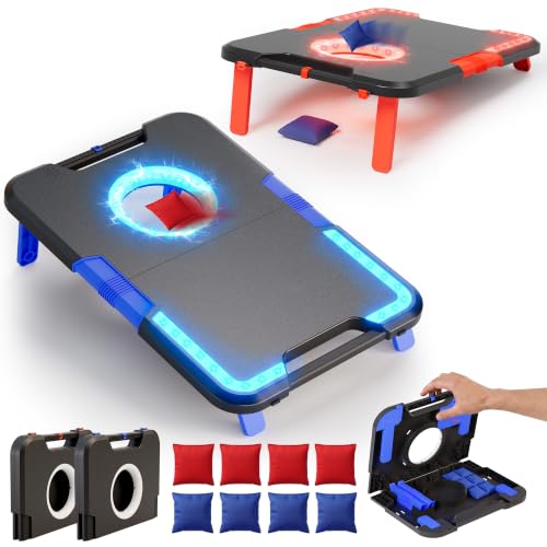 LED Cornhole Board Set with Glow-in-Dark Target & Sound Effects - Foldable Portable Game