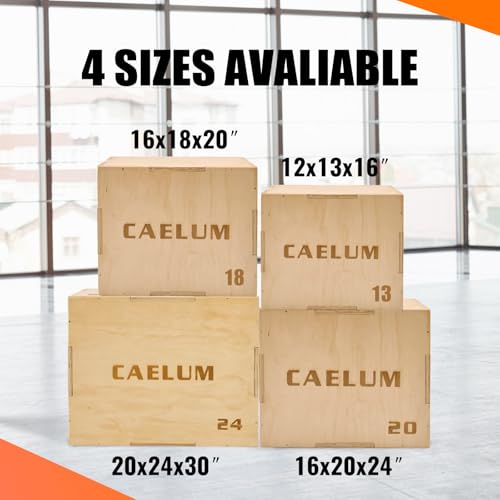 CAELUM 3-in-1 Black Wooden Plyometric Jump Box - 16 x 13 x 12 Inches, Non-Slip Gym Equipment