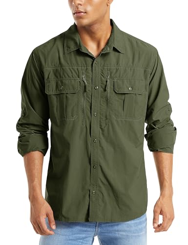 MAGCOMSEN Men's Long Sleeve Fishing Shirt XL Army Green - Hiking & Safari Wear