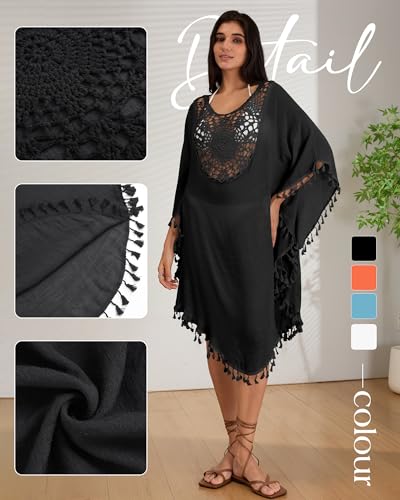 Women's Crochet Chiffon Swimsuit Coverup Dress - Black