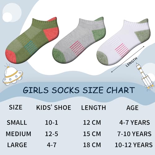 Athletic Ankle Socks for Girls - 8 Pairs, Cushioned Sole, 7-10 Years / White