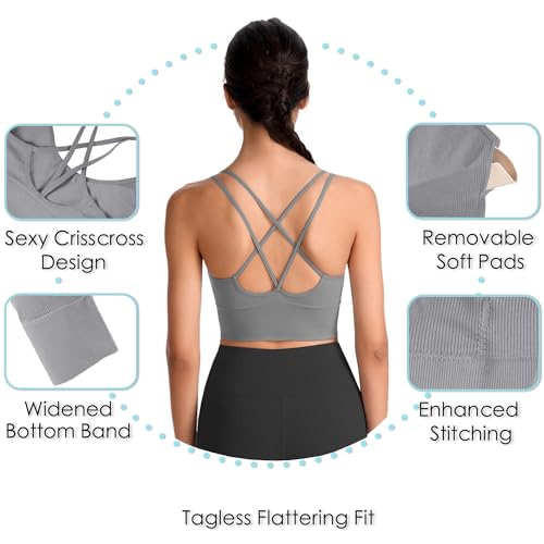 Evercute Women's Cross Back Sport Bras 3-Pack Large Black, White, Gray Padded Low Impact Workout Tops