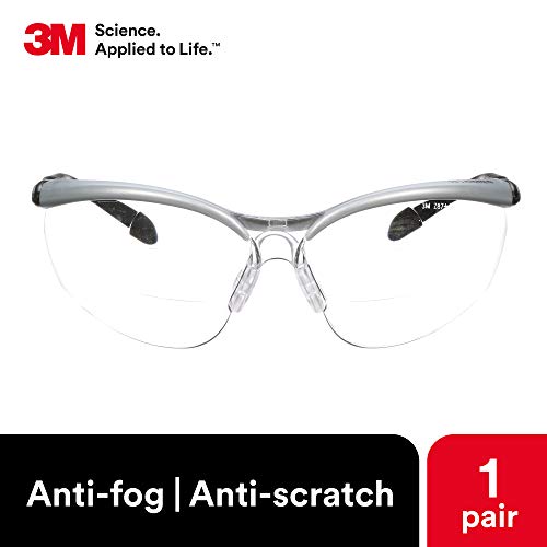 3M Safety Glasses, BX Dual Readers, +1.5, ANSI Z87, Anti-Fog Clear Lens, Gray/Black Frame, Adjustable Length Temples and Lens Angle