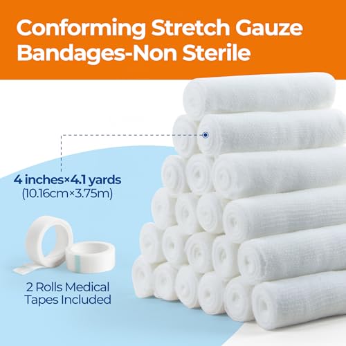 4" x 4.1yds Gauze Rolls Bandages - 24 Individually Wrapped Rolls with Tape