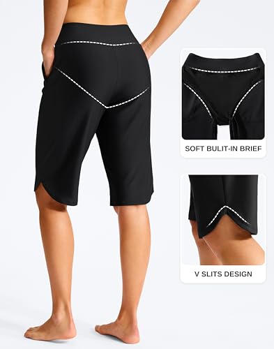 G Gradual Women's 13-inch Black Long Swim Board Shorts with Pockets - Large