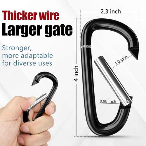 4" Black Aluminum Carabiner Clips - Set of 4 Heavy-Duty D Rings