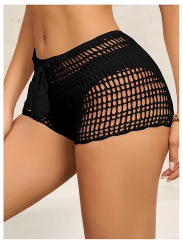 SHENHE Women's Crochet Coverups Hollow Out Tie Waist Boho Shorts Small Black