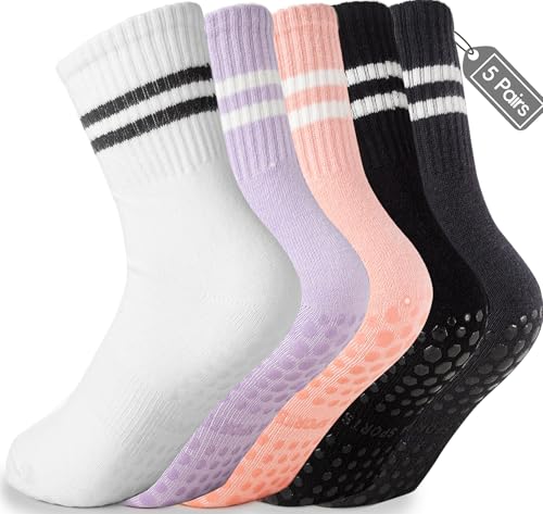 Non-Slip Pilates Yoga Socks with Grips - 5 Pairs for Women