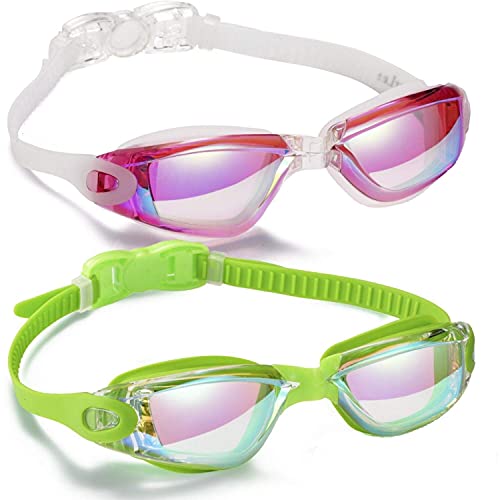 Swim Goggles - 2 Pack Mirrored Swimming Goggles - Green/Rose Red