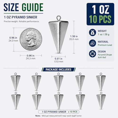 1oz Pyramid Sinkers Fishing Weights - 10pcs Lead Sinkers Set