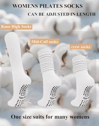 Darller White 4 Pairs Pilates Socks for Women Non Slip Yoga Slouch Socks