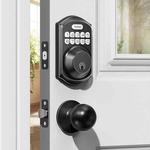 TEEHO TE001K Keyless Entry Door Lock with Handle, Electronic Keypad Deadbolt with 2 Knobs, High-Security Front Door Handle Set for Home & Rental, Smart Auto-Locking, Easy Install, Matte Black