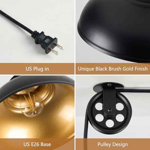 Black Pendant Light Hanging Lamps for Living Room Plug in 15FT Dimmable Switch Adjustable Pulley Hanging Lights with Cord for Kitchen Bedroom 2 Pack