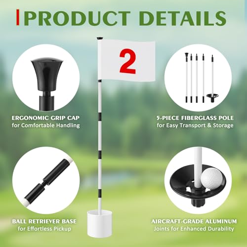 Burbell White 6ft Golf Flag Stick Set with 3 Nylon Flags and Hole Cups - Backyard Practice Accessories